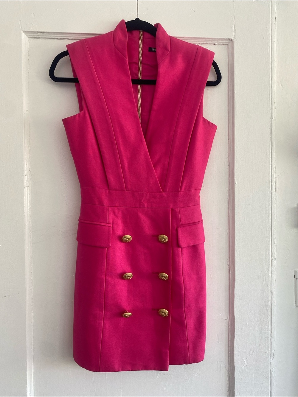 Balmain Hot Pink Sleeveless Double-Breasted Mini Dress with Gold Buttons